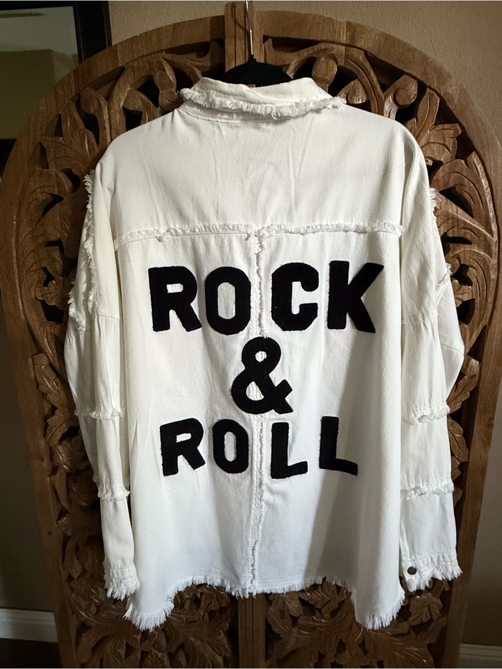 White Fringe Shirt Jacket with Black 'ROCK & ROLL' Graphic